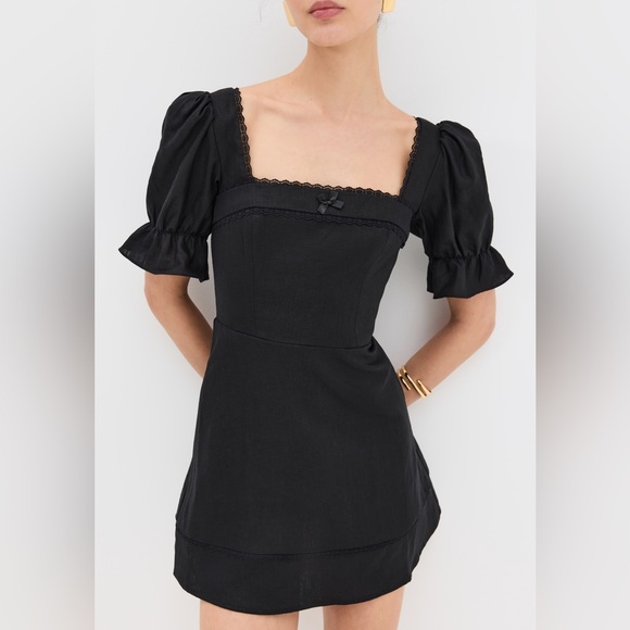 Reformation Evianna Black Linen Puff Sleeve Mini Dress 2 - Picture 2 of 11